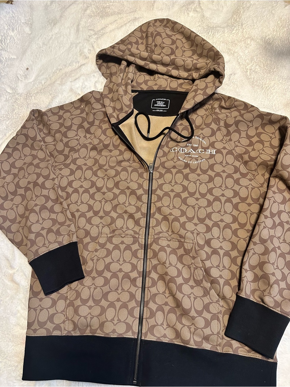 Coach Brown Signature Print Zip Hoodie Jacket